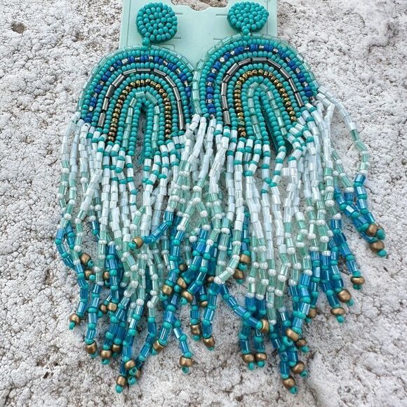 Western Seed Beads Fringe Earrings Long Cowboy Cowgirl Teal Aqua Blue Waterfall - Picture 3 of 4